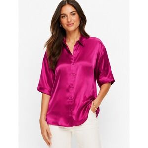 LOFT Women's Size XLP Petite Pink Satin Collared Button Front Short Sleeve Shirt